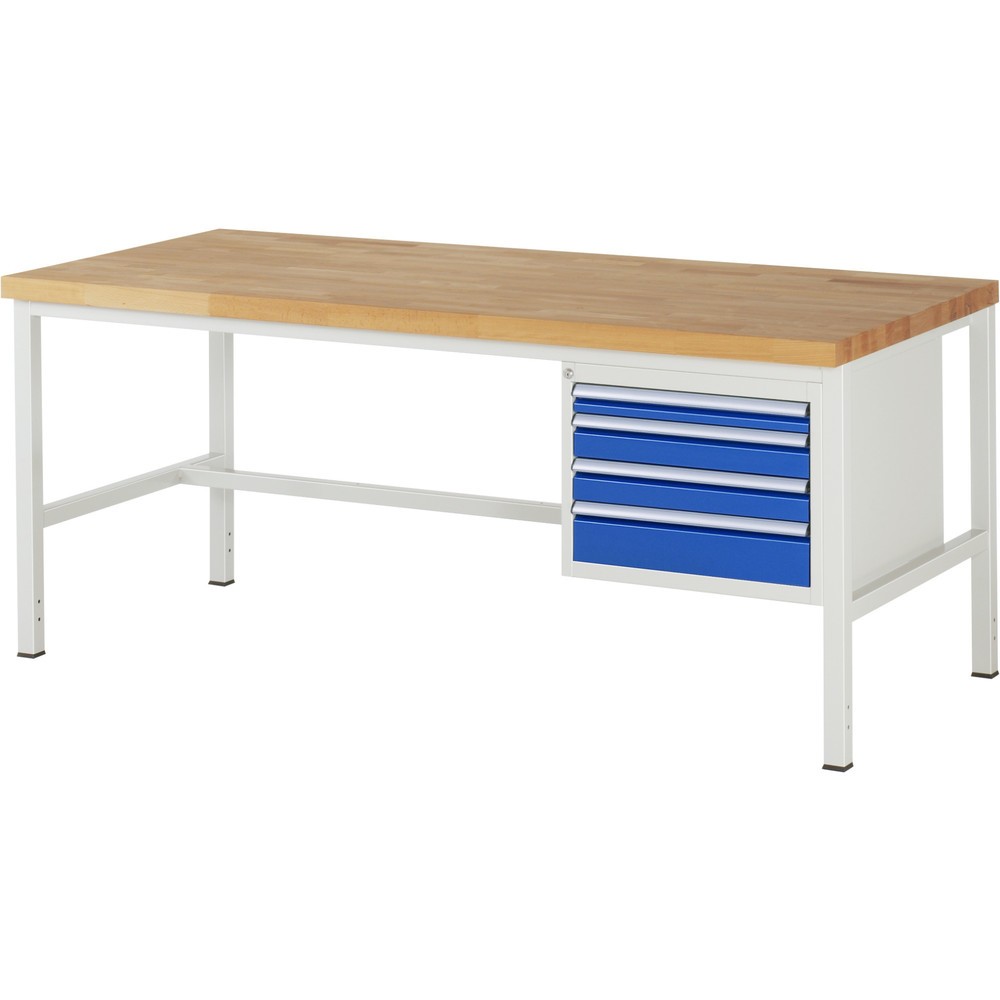 Číslo obrázka výrobku 1: Pracovný stôl RAU série 8000, v × š × h 840 – 1 040 × 2 000 × 900 mm, 4 zásuv. s 90 % vysunutím, 1 × 60, 2 × 90, 1 × 120 mm, nosnosť zásuv. 100 kg