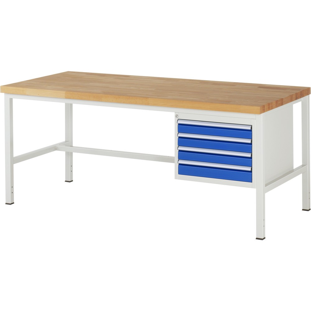 Číslo obrázka výrobku 1: Pracovný stôl RAU série 8000, v × š × h 840 – 1 040 × 2 000 × 900 mm, 4 zásuv. s 100 % vysunutím, 4 × 90 mm, nosnosť zásuv. 100 kg