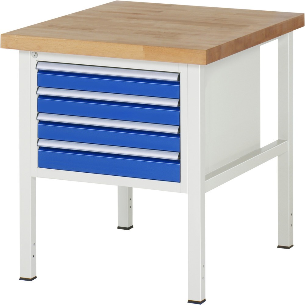 Číslo obrázka výrobku 1: Pracovný stôl RAU série 8000, v × š × h 840 – 1 040 × 750 × 900 mm, 4 zásuv. s 100 % vysunutím, 4 × 90 mm, nosnosť zásuv. 100 kg