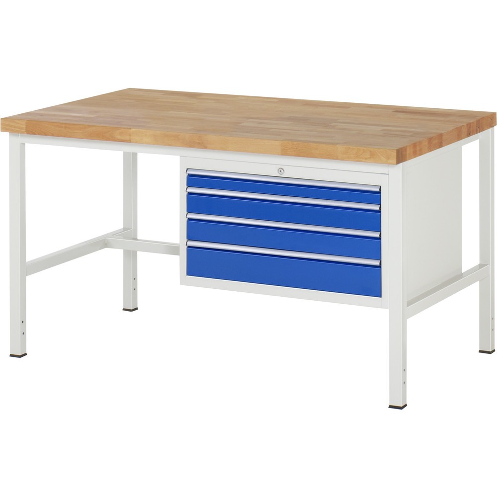 Obrázok výrobku: Pracovný stôl RAU série 8000, v × š × h 840 × 1 500 × 900 mm, 4 zásuv. s 90 % vysunutím, 1 × 60, 2 × 90, 1 × 120 mm, nosnosť zásuv. 75 kg