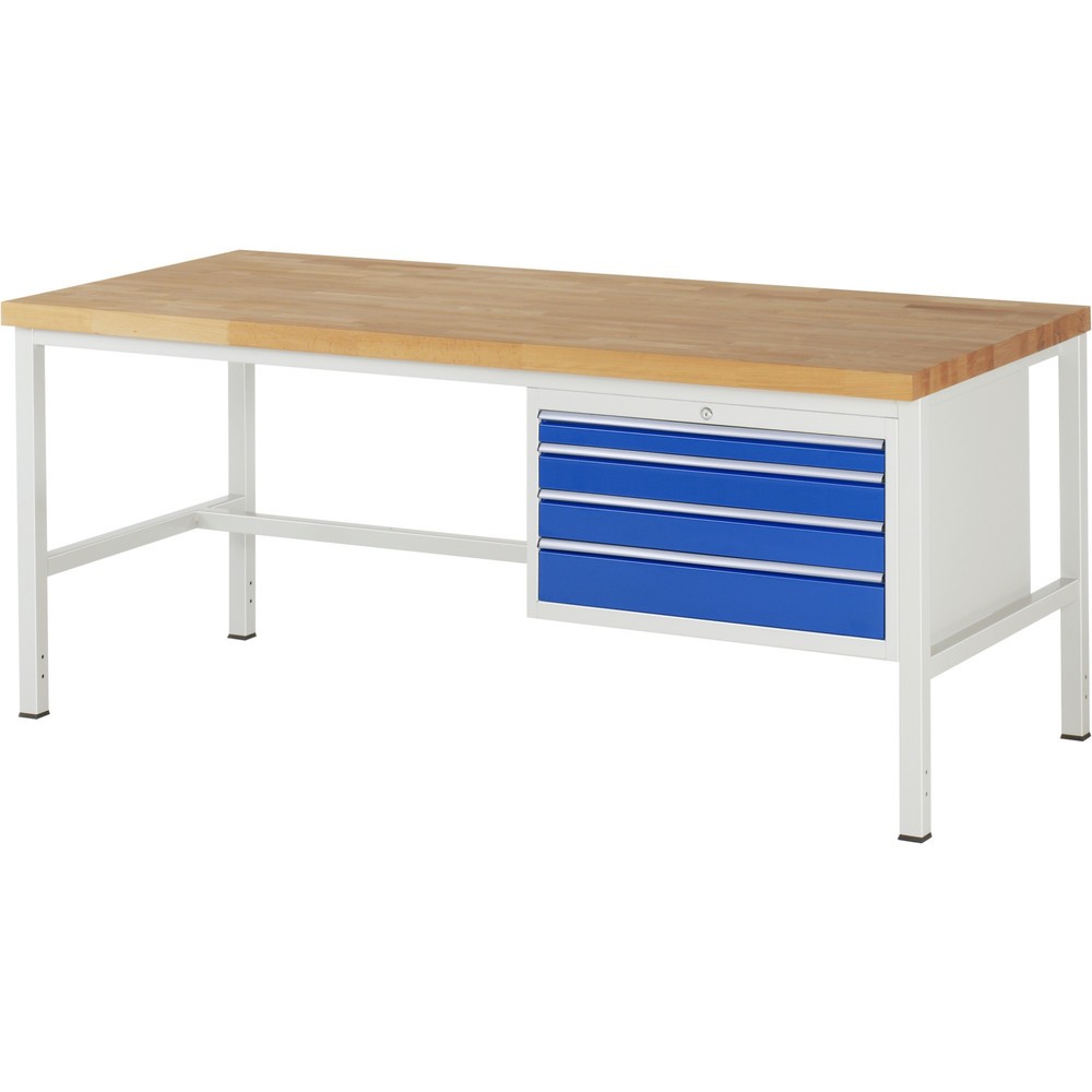Číslo obrázka výrobku 1: Pracovný stôl RAU série 8000, v × š × h 840 – 1 040 × 2 000 × 900 mm, 4 zásuv. so 100 % vysunutím, 1 × 60, 2 × 90, 1 × 120 mm, nosnosť zásuv. 75 kg
