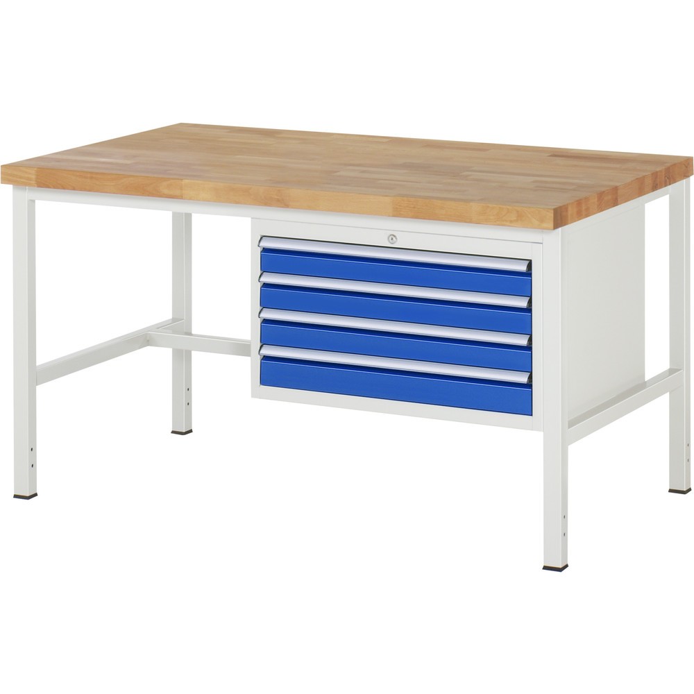 Obrázok výrobku: Pracovný stôl RAU série 8000, v × š × h 840 – 1 040 × 1 500 × 900 mm, 4 zásuv. so 100 % vysunutím, 4 × 90 mm, nosnosť zásuv. 75 kg