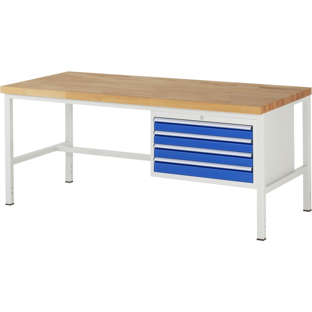Číslo obrázka výrobku 1: Pracovný stôl RAU série 8000, v × š × h 840 – 1 040 × 2 000 × 900 mm, 4 zásuv. so 100 % vysunutím, 4 × 90 mm, nosnosť zásuv. 75 kg