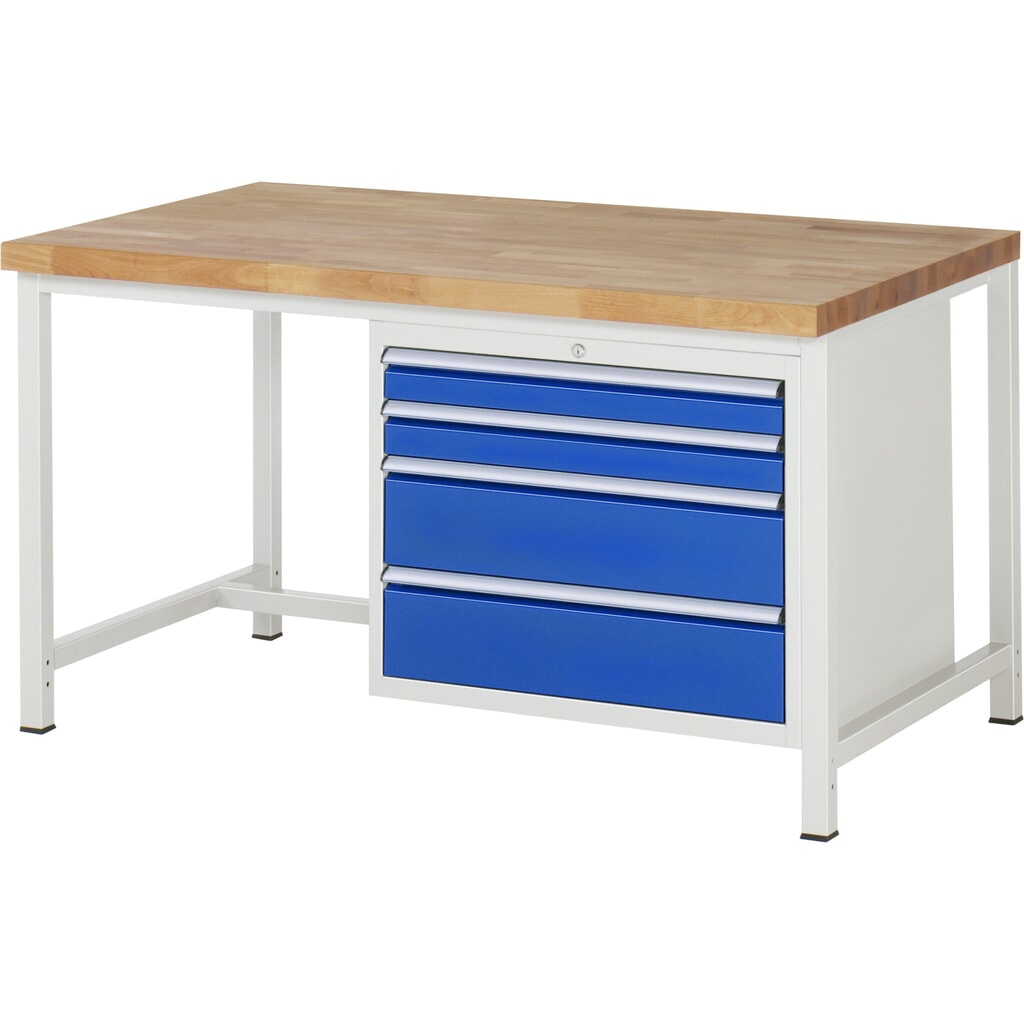 Obrázok výrobku: Pracovný stôl RAU série 8000, v × š × h 840 – 1 040 × 1 500 × 900 mm, 4 zásuv. so 100 % vysunutím, 2 × 90, 2 × 180 mm, nosnosť zásuv. 75 kg