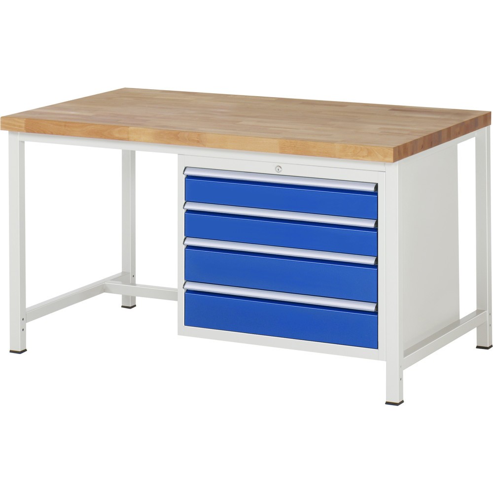 Obrázok výrobku: Pracovný stôl RAU série 8000, v × š × h 840 × 1 500 × 900 mm, 4 zásuv. so 100 % vysunutím, 2 × 120, 2 × 150 mm, nosnosť zásuv. 75 kg