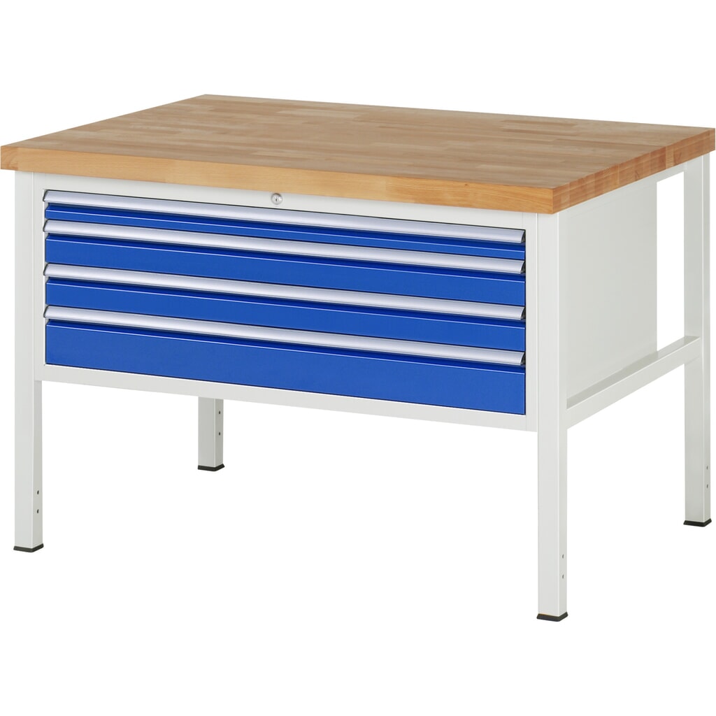 Pracovný stôl RAU série 8000, v × š × h 840 – 1 040 × 1 250 × 900 mm, 4 zásuv. s 90 % vysunutím, 1 × 60, 2 × 90, 1 × 120 mm, nosnosť zásuv. 50 kg Obrázok výrobku: Pracovný stôl RAU série 8000, v × š × h 840 – 1 040 × 1 250 × 900 mm, 4 zásuv. s 90 % vysunutím, 1 × 60, 2 × 90, 1 × 120 mm, nosnosť zásuv. 50 kg