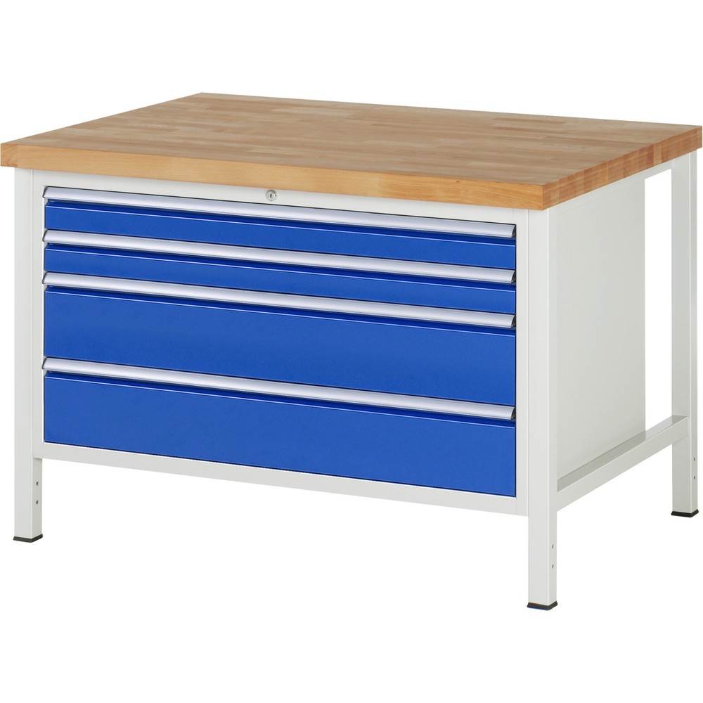 Obrázok výrobku: Pracovný stôl RAU série 8 000, v × š × h 840 – 1 040 × 1 250 × 900 mm, 4 zásuviek s 100 % vysunutím, 2 × 90, 2 × 180 mm, nosnosť zásuvky 50 kg