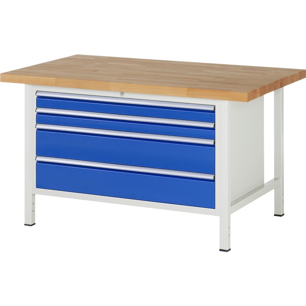 Obrázok výrobku: Pracovný stôl RAU série 8000, v × š × h 840 × 1 500 × 900 mm, 4 zásuv. so 100 % vysunutím, 2 × 90, 2 × 180 mm, nosnosť zásuv. 50 kg