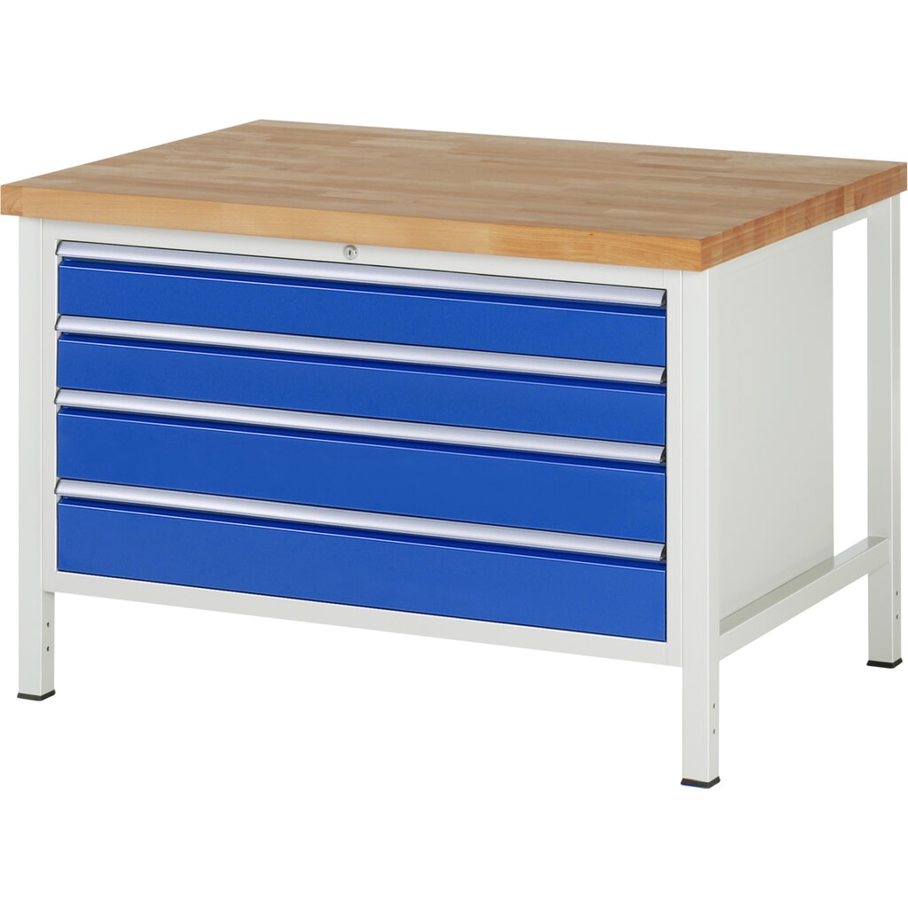 Pracovný stôl RAU série 8000, v × š × h 840 × 1 250 × 900 mm, 4 zásuv. s 90 % vysunutím, 2 × 120, 2 × 150 mm, nosnosť zásuv. 50 kg Obrázok výrobku: Pracovný stôl RAU série 8000, v × š × h 840 × 1 250 × 900 mm, 4 zásuv. s 90 % vysunutím, 2 × 120, 2 × 150 mm, nosnosť zásuv. 50 kg