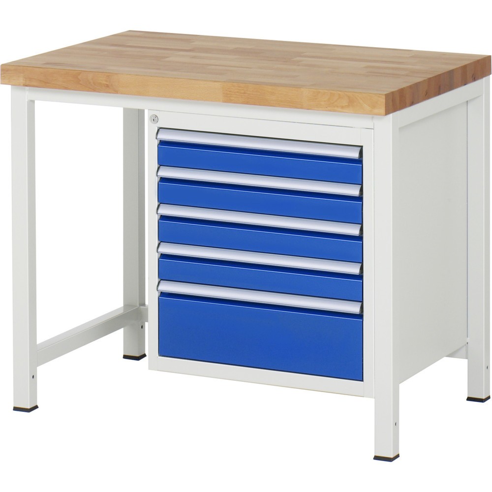 Obrázok výrobku: Pracovný stôl RAU série 8000, v × š × h 840 – 1 040 × 1 000 × 700 mm, 5 zásuv. s 90 % vysunutím, 4 × 90, 1 × 180 mm, nosnosť zásuv. 100 kg