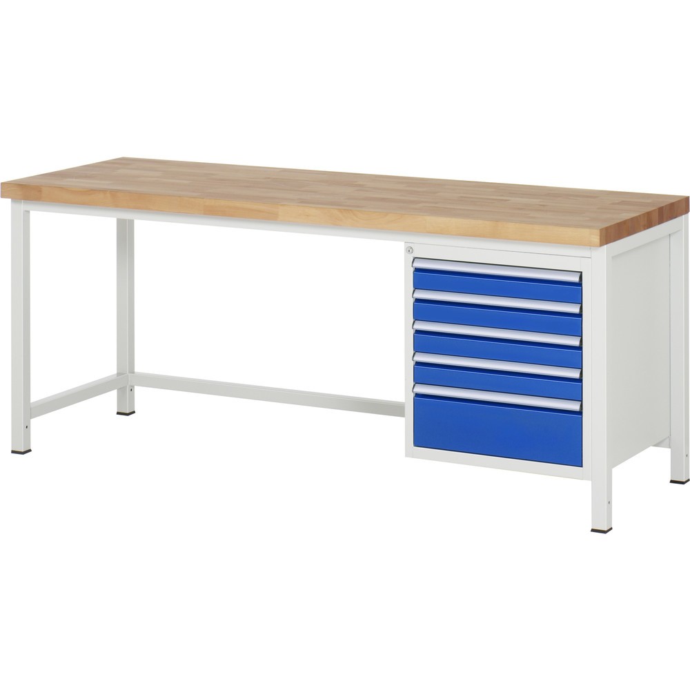 Číslo obrázka výrobku 1: Pracovný stôl RAU série 8000, v × š × h 840 – 1 040 × 2 000 × 700 mm, 5 zásuv. s 90 % vysunutím, 4 × 90, 1 × 180 mm, nosnosť zásuv. 100 kg