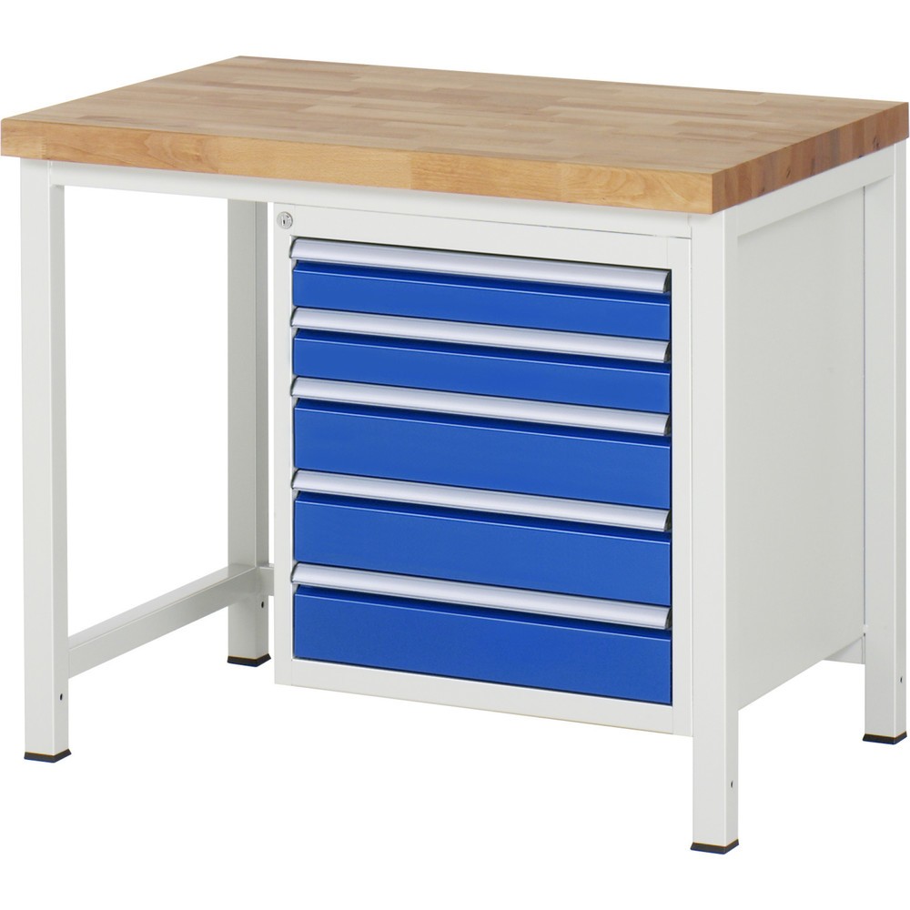 Číslo obrázka výrobku 1: Pracovný stôl RAU série 8000, v × š × h 840 – 1 040 × 1 000 × 700 mm, 5 zásuv. s 100 % vysunutím, 2 × 90, 3 × 120 mm, nosnosť zásuv. 100 kg