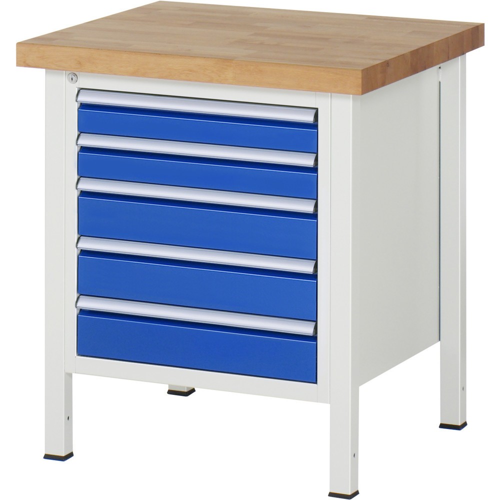 Číslo obrázka výrobku 1: Pracovný stôl RAU série 8000, v × š × h 840 – 1 040 × 750 × 700 mm, 5 zásuv. s 90 % vysunutím, 2 × 90, 3 × 120 mm, nosnosť zásuv. 100 kg