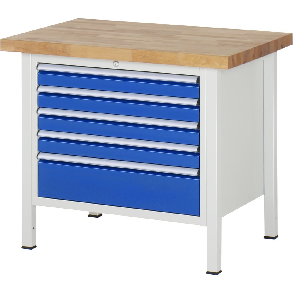 Číslo obrázka výrobku 1: Pracovný stôl RAU série 8000, v × š × h 840 – 1 040 × 1 000 × 700 mm, 5 zásuv. so 100 % vysunutím, 4 × 90, 1 × 180 mm, nosnosť zásuv. 75 kg