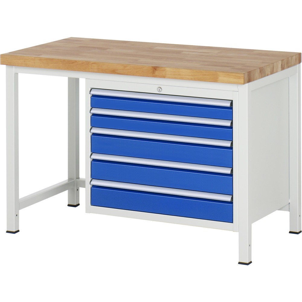 Číslo obrázka výrobku 1: Pracovný stôl RAU série 8000, v × š × h 840 × 1 250 × 700 mm, 5 zásuv. so 100 % vysunutím, 2 × 90, 3 × 120 mm, nosnosť zásuv. 75 kg