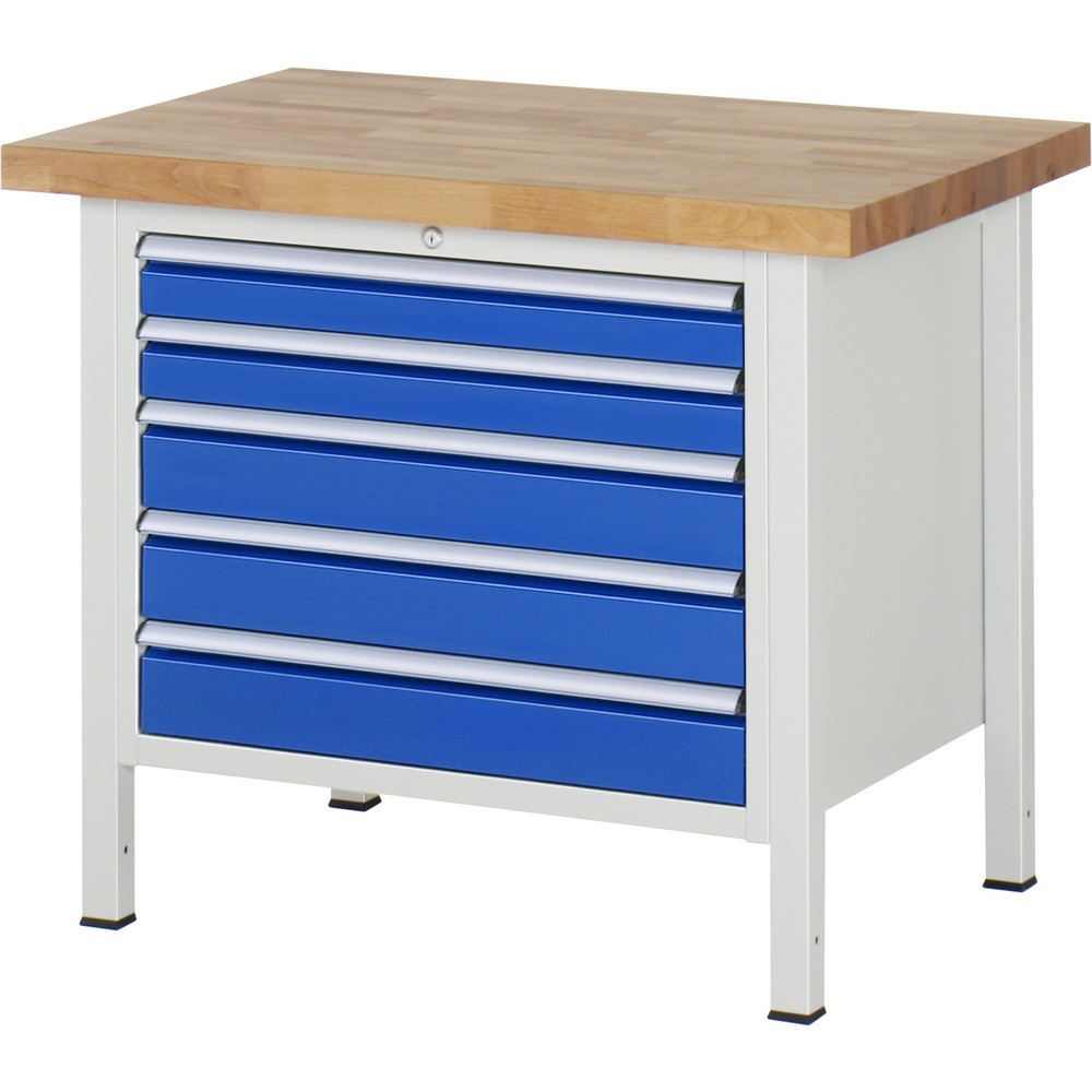 Číslo obrázka výrobku 1: Pracovný stôl RAU série 8000, v × š × h 840 × 1 000 × 700 mm, 5 zásuv. so 100 % vysunutím, 2 × 90, 3 × 120 mm, nosnosť zásuv. 75 kg