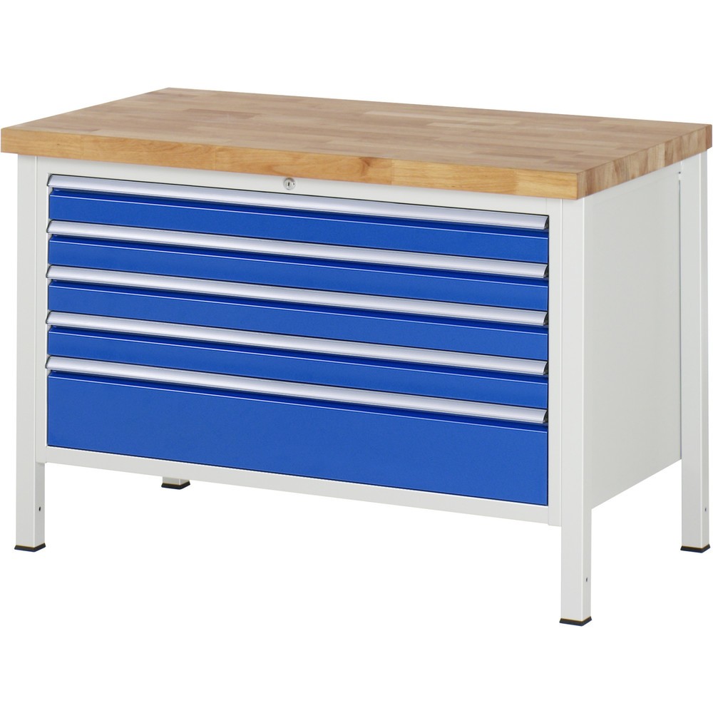 Obrázok výrobku: Pracovný stôl RAU série 8000, v × š × h 840 × 1 250 × 700 mm, 5 zásuv. so 100 % vysunutím, 4 × 90, 1 × 180 mm, nosnosť zásuv. 50 kg