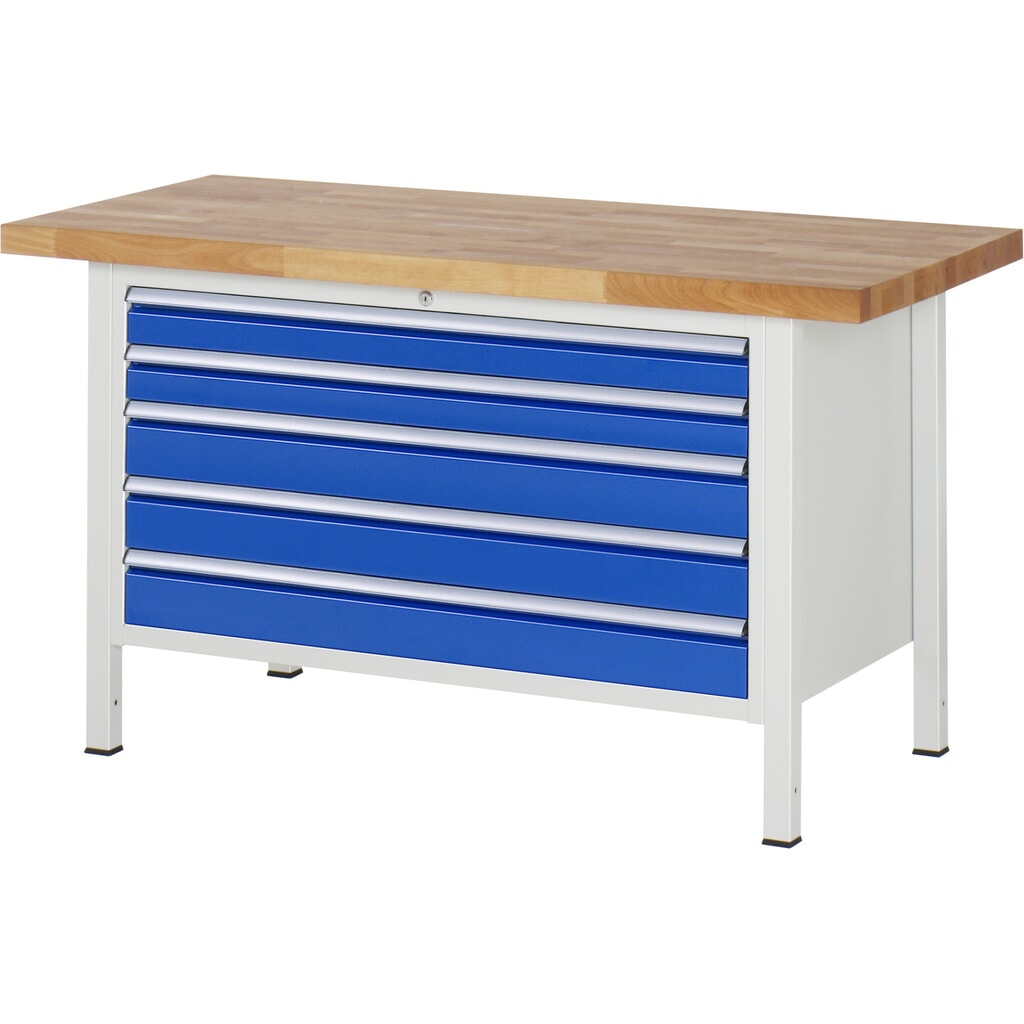 Číslo obrázka výrobku 1: Pracovný stôl RAU série 8000, v × š × h 840 × 1 500 × 700 mm, 5 zásuv. so 100 % vysunutím, 2 × 90, 3 × 120 mm, nosnosť zásuv. 50 kg