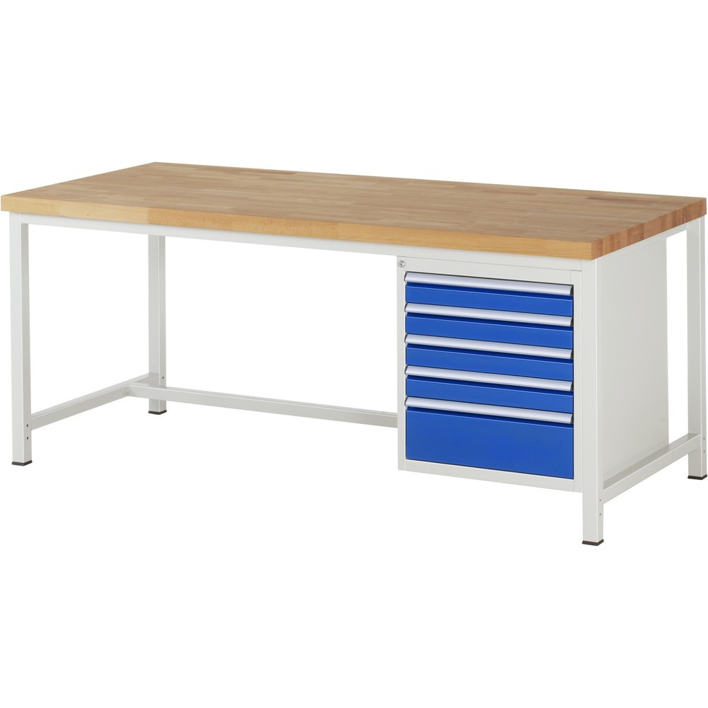 Číslo obrázka výrobku 1: Pracovný stôl RAU série 8000, v × š × h 840 × 2 000 × 900 mm, 5 zásuv. s 90 % vysunutím, 4 × 90, 1 × 180 mm, nosnosť zásuv. 100 kg