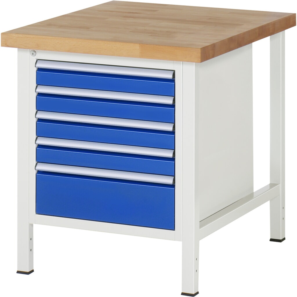 Číslo obrázka výrobku 1: Pracovný stôl RAU série 8000, v × š × h 840 – 1 040 × 750 × 900 mm, 5 zásuv. s 90 % vysunutím, 4 × 90, 1 × 180 mm, nosnosť zásuv. 100 kg