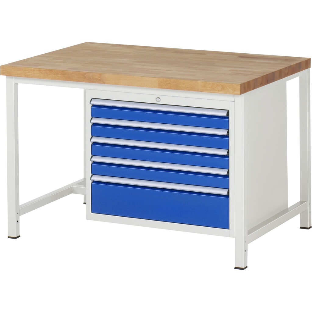Obrázok výrobku: Pracovný stôl RAU série 8000, v × š × h 840 × 1 250 × 900 mm, 5 zásuv. so 100 % vysunutím, 4 × 90, 1 × 180 mm, nosnosť zásuv. 75 kg