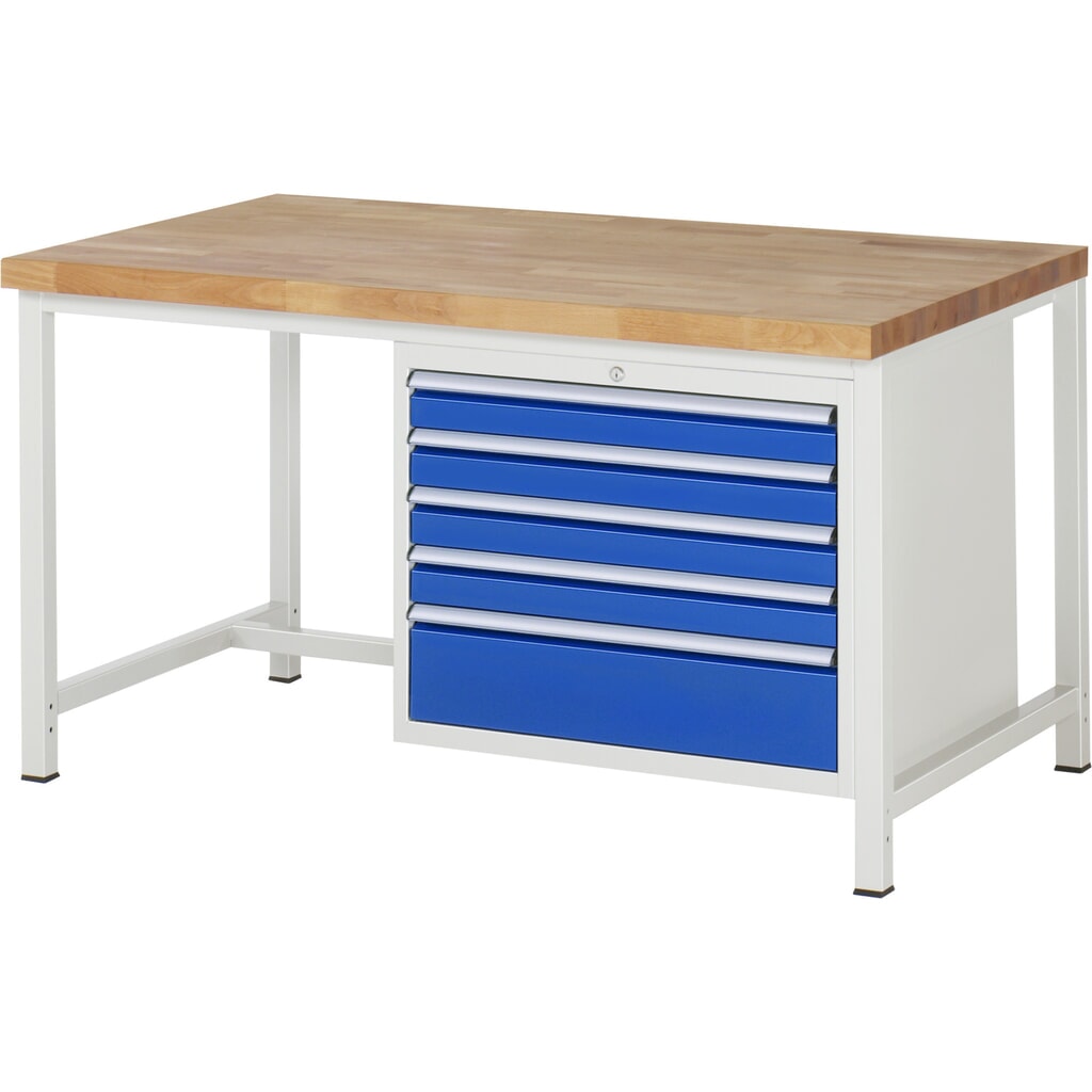 Obrázok výrobku: Pracovný stôl RAU série 8000, v × š × h 840 × 1 500 × 900 mm, 5 zásuv. s 90 % vysunutím, 4 × 90, 1 × 180 mm, nosnosť zásuv. 75 kg