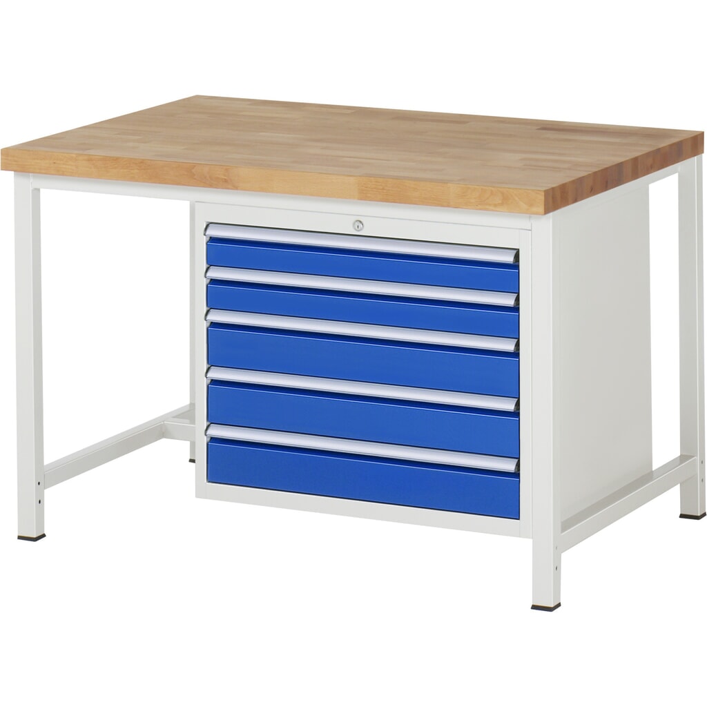 Obrázok výrobku: Pracovný stôl RAU série 8000, v × š × h 840 × 1 250 × 900 mm, 5 zásuv. s 90 % vysunutím, 2 × 90, 3 × 120 mm, nosnosť zásuv. 75 kg