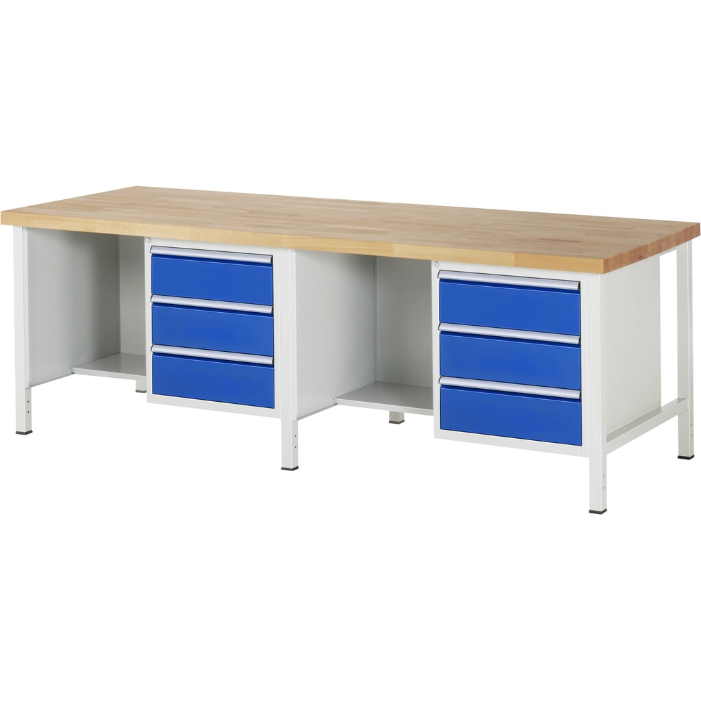 Obrázok výrobku: Pracovný stôl RAU série 8 000, v × š × h 840 – 1 040 × 2 500 × 900 mm, 2 ks podstavných kontajnerov a odkladacia priehradka, s 3 zásuvkami