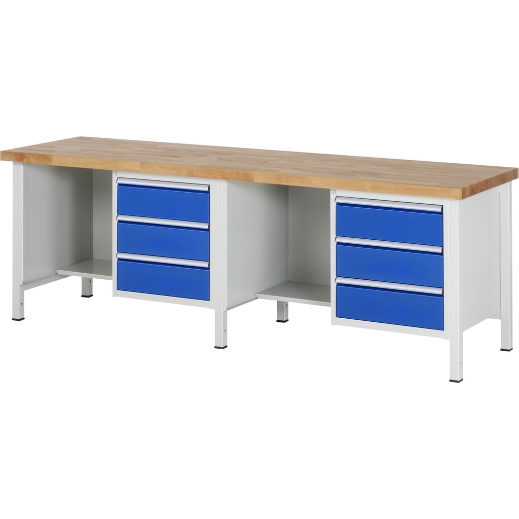 Pracovný stôl RAU série 8 000, v × š × h 840 – 1 040 × 2 500 × 700 mm, 2 ks podstavných kontajnerov a odkladacia priehradka, s 3 zásuvkami Obrázok výrobku: Pracovný stôl RAU série 8 000, v × š × h 840 – 1 040 × 2 500 × 700 mm, 2 ks podstavných kontajnerov a odkladacia priehradka, s 3 zásuvkami