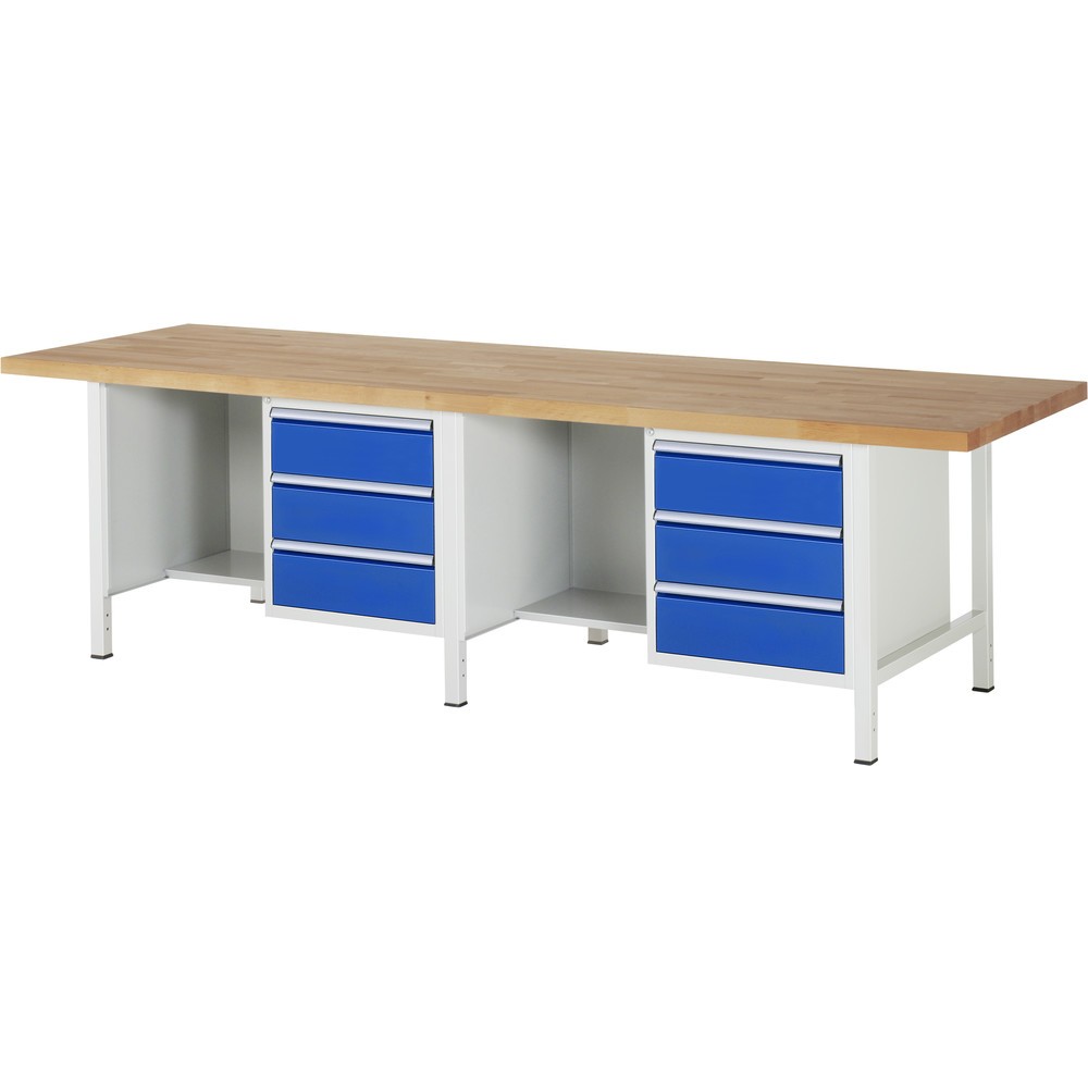 Obrázok výrobku: Pracovný stôl RAU série 8 000, v × š × h 840 – 1 040 × 3 000 × 900 mm, 2 ks podstavných kontajnerov a odkladacia priehradka, s 3 zásuvkami