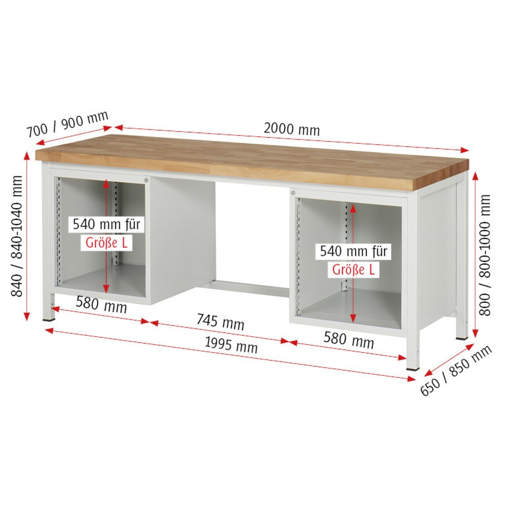 Číslo obrázka výrobku 6: Pracovný stôl RAU série 8000, počet kontajnerov: 2, v × š × h 840 × 2 000 × 700 mm, 9 zásuv. so 90 % vysunutím