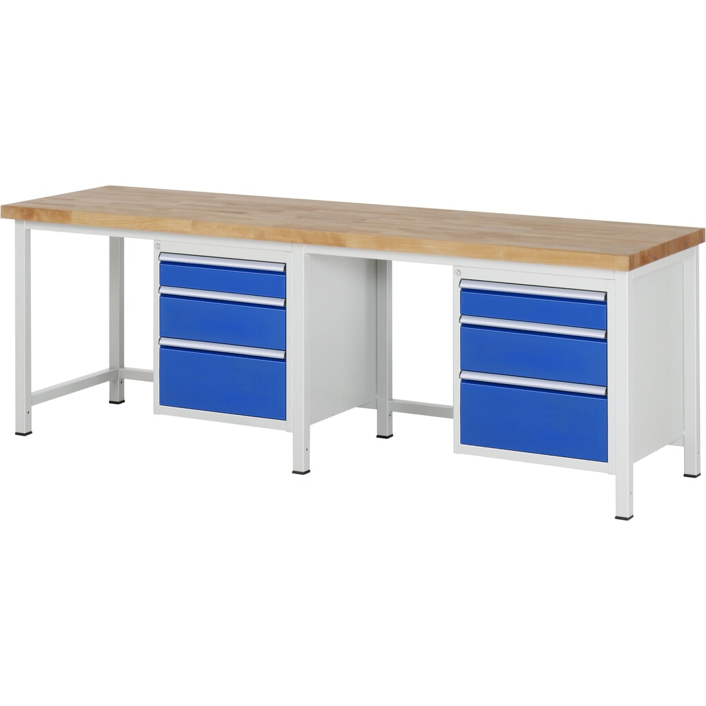 Obrázok výrobku: Pracovný stôl RAU série 8 000, v × š × h 840 – 1 040 × 2 500 × 700 mm, 2 ks podstavných kontajnerov, každý s 3 zásuvkami
