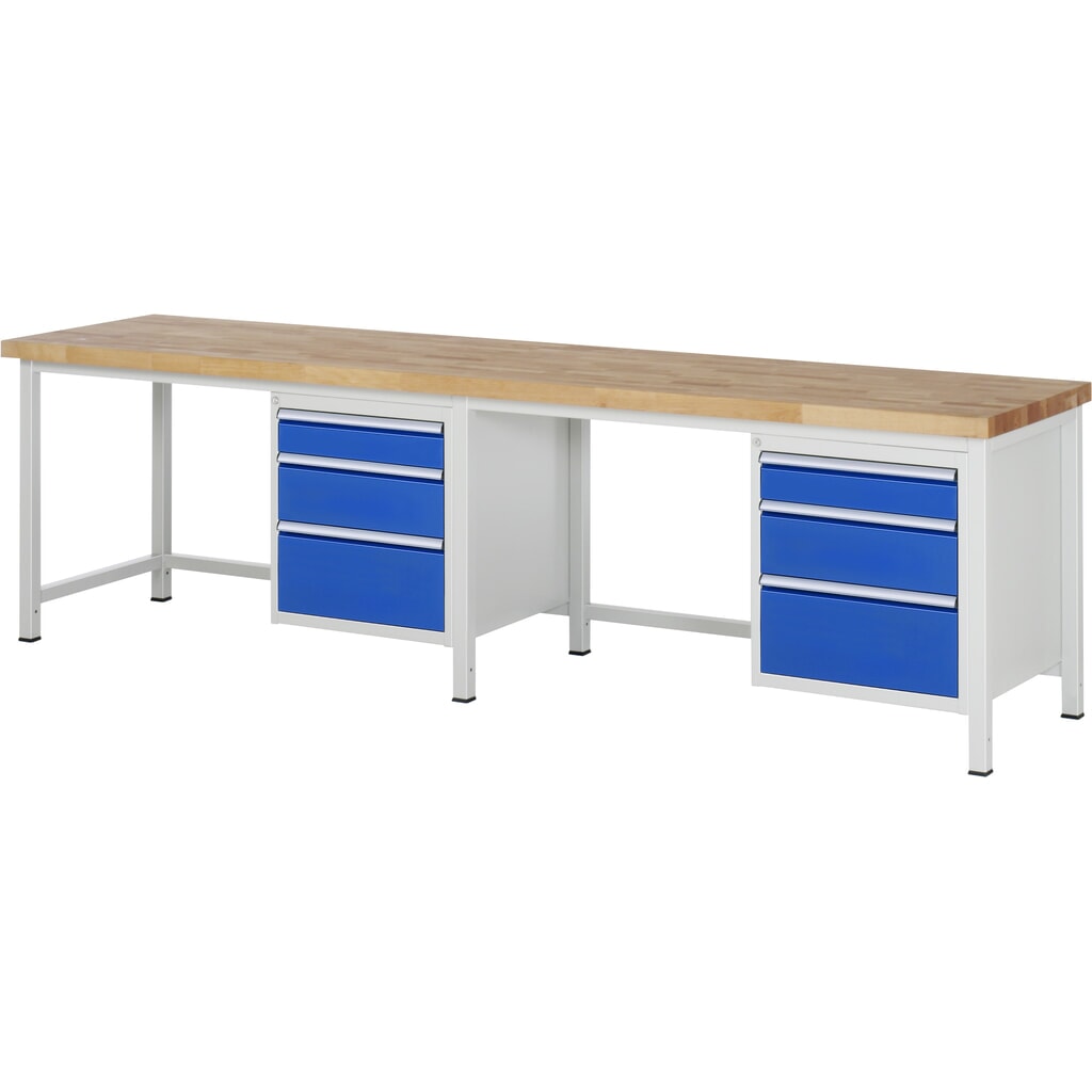 Obrázok výrobku: Pracovný stôl RAU série 8 000, v × š × h 840 – 1 040 × 3 000 × 700 mm, 2 ks podstavných kontajnerov, každý s 3 zásuvkami