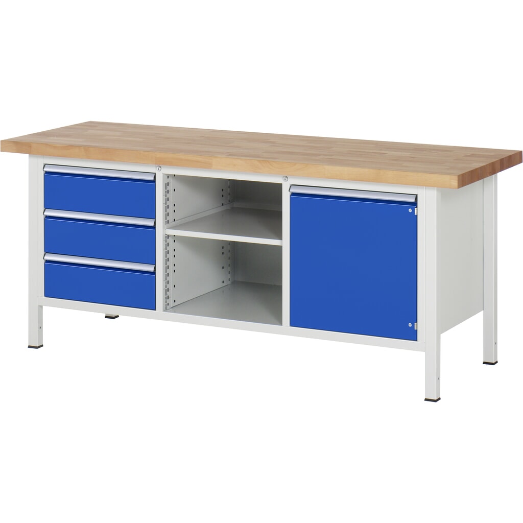 Pracovný stôl RAU série 8 000, v × š × h 840 – 1 040 × 2 000 × 700 mm, 1 trojitý podstavný kontajner, s 3 zásuvkami a 1 krídlovými dverami Obrázok výrobku: Pracovný stôl RAU série 8 000, v × š × h 840 – 1 040 × 2 000 × 700 mm, 1 trojitý podstavný kontajner, s 3 zásuvkami a 1 krídlovými dverami