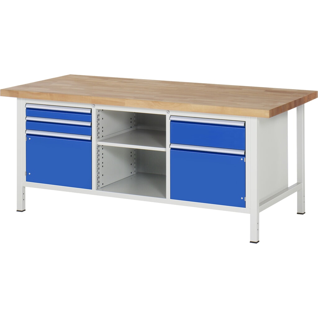 Číslo obrázka výrobku 1: Pracovný stôl RAU série 8 000, v × š × h 840 – 1 040 × 2 000 × 900 mm, 1 trojitý podstavný kontajner, s 3 zásuvkami a 2 krídlovými dverami