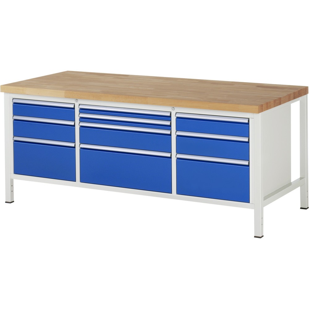 Obrázok výrobku: Pracovný stôl RAU série 8000, 1 trojitý kontajner, v × š × h 840 – 1 040 × 2 000 × 900 mm, 10 zásuviek s 90 % vysunutím, 2 × 60, 2 × 120, 3 × 150, 3 × 270 mm, nosnosť zásuv. 100/75 kg