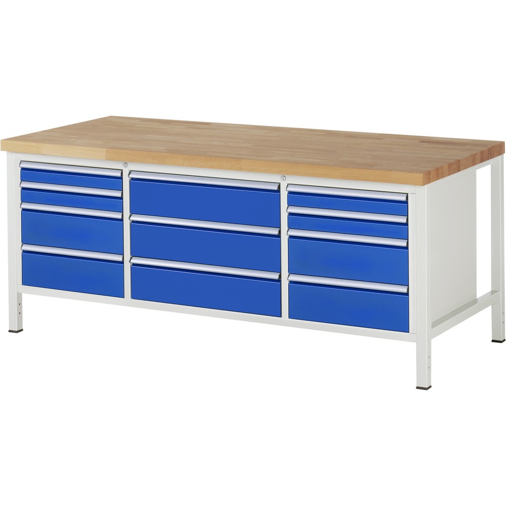 Číslo obrázka výrobku 1: Pracovný stôl RAU série 8000, 1 trojitý kontajner, v × š × h 840 – 1 040 × 2 000 × 900 mm, 11 zásuviek, 4 × 90, 7 × 180 mm, nosnosť zásuv. 100/75 kg