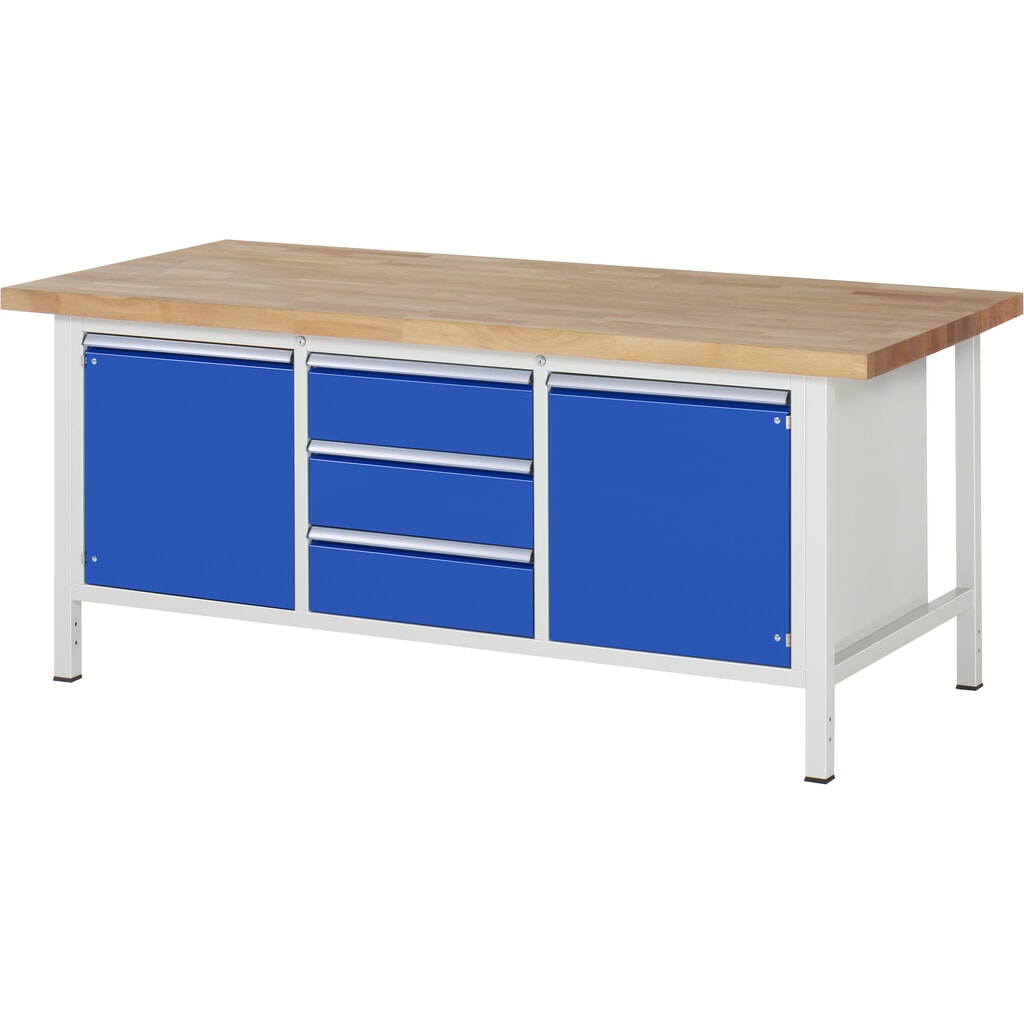 Pracovný stôl RAU série 8 000, v × š × h 840 – 1 040 × 2 000 × 900 mm, 1 trojitý podstavný kontajner, s 3 zásuvkami a 2 krídlovými dverami Obrázok výrobku: Pracovný stôl RAU série 8 000, v × š × h 840 – 1 040 × 2 000 × 900 mm, 1 trojitý podstavný kontajner, s 3 zásuvkami a 2 krídlovými dverami
