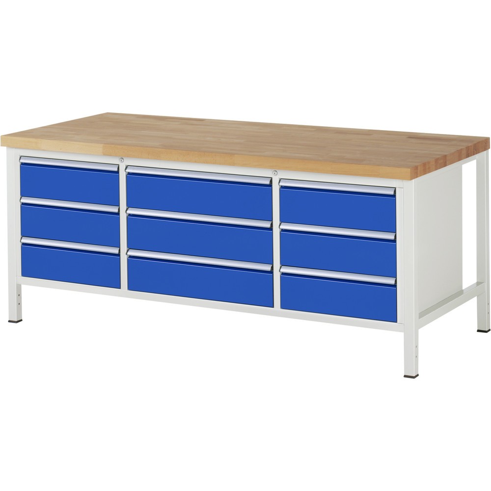 Číslo obrázka výrobku 1: Pracovný stôl RAU série 8000, počet trojitých kontajnerov: 1, v × š × h 840 – 1 040 × 2 000 × 900 mm, 9 zásuv. so 100 % vysunutím, 9 × 180 mm, nosnosť zásuv. 75/100 kg