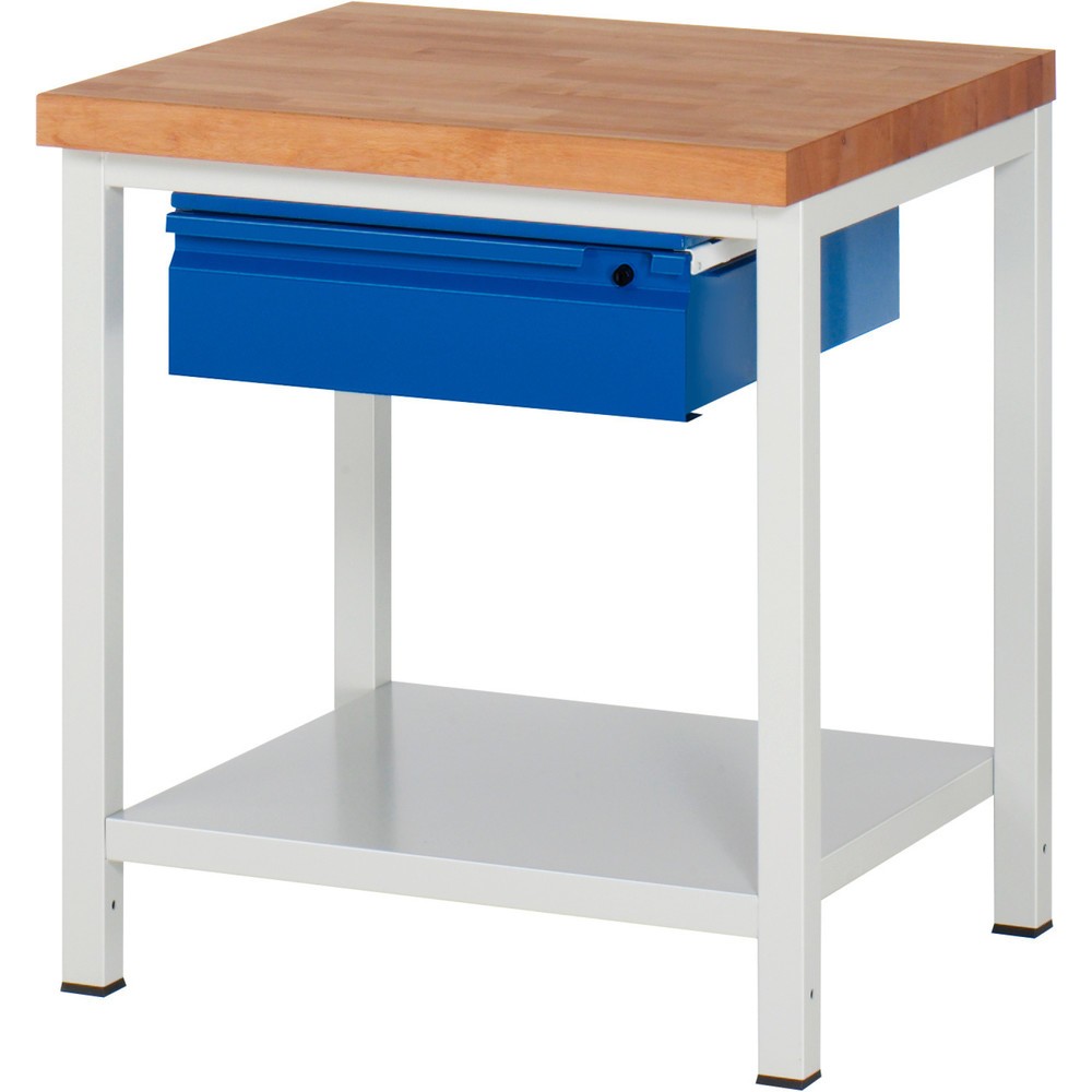 Číslo obrázka výrobku 1: Pracovný stôl RAU série 8000, pracovná doska z bukového masívu, hrúbka 40 mm, v × š × h 840 × 750 × 700 mm, 1 zásuvka, 1 odkladacie dno, hĺbka 650 mm