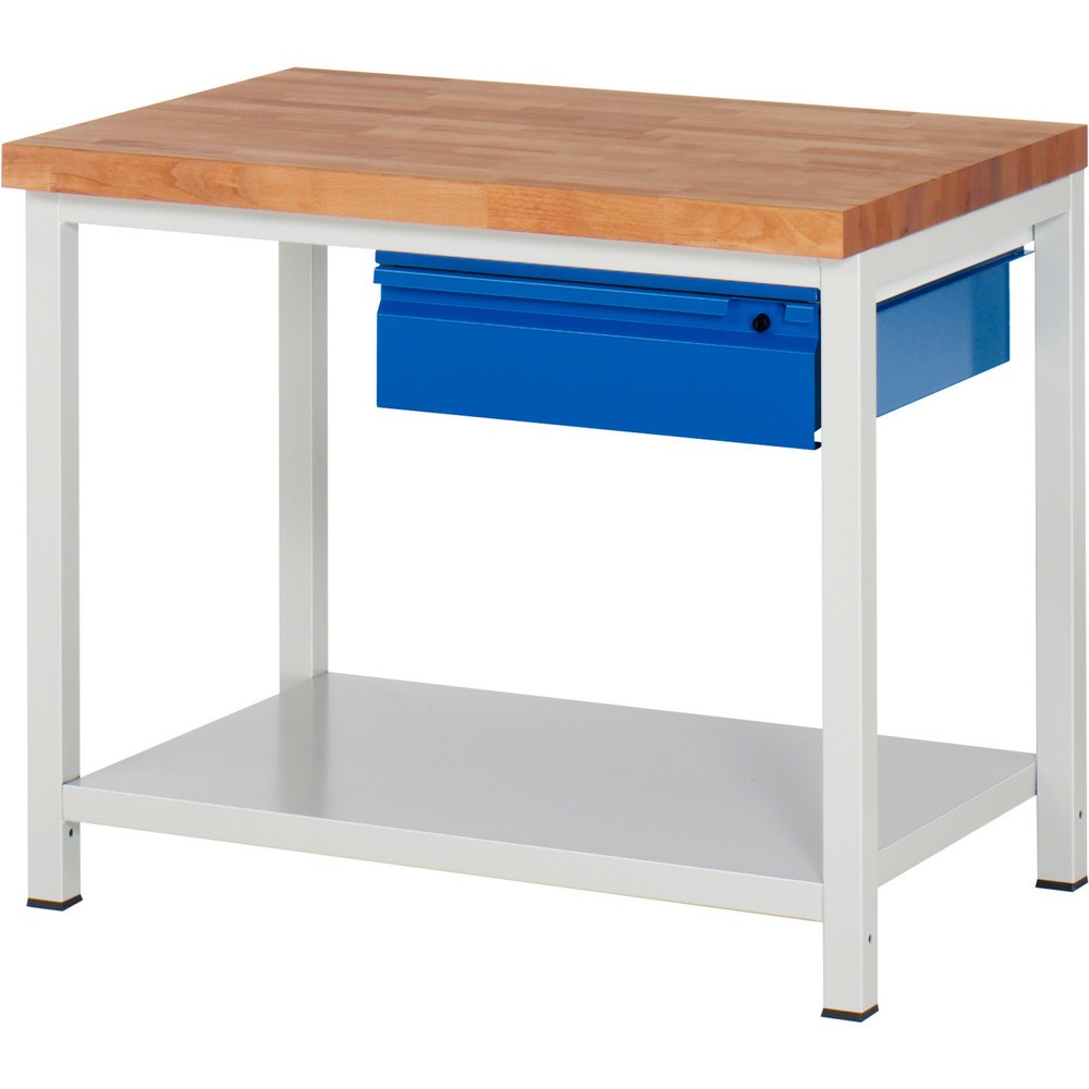 Číslo obrázka výrobku 1: Pracovný stôl RAU série 8000, pracovná doska z bukového masívu, hrúbka 40 mm, v × š × h 840 × 1 000 × 700 mm, 1 zásuvka, 1 odkladacie dno, hĺbka 650 mm