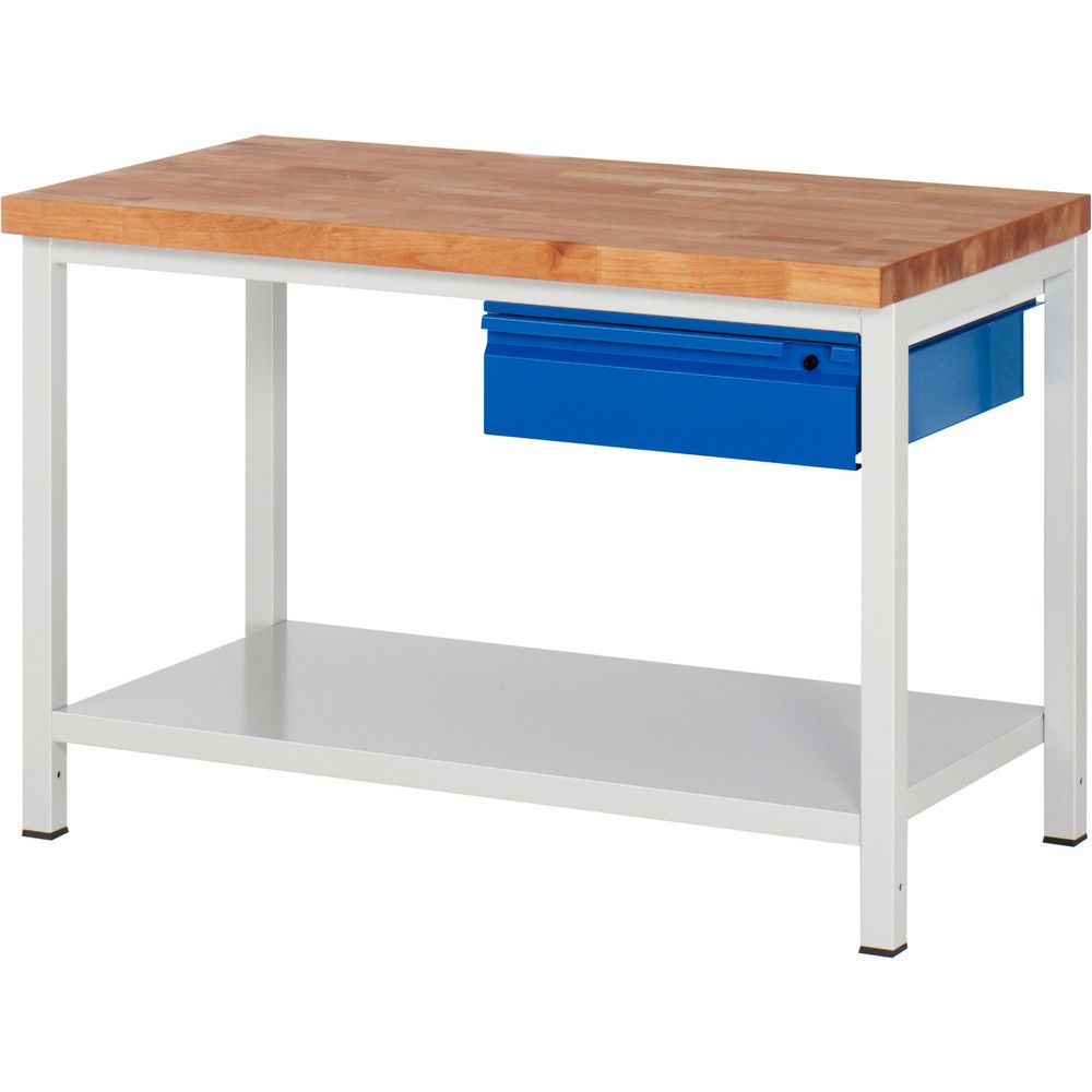 Číslo obrázka výrobku 1: Pracovný stôl RAU série 8000, pracovná doska z bukového masívu, hrúbka 40 mm, v × š × h 840 × 1 250 × 700 mm, 1 zásuvka, 1 odkladacie dno, hĺbka 650 mm