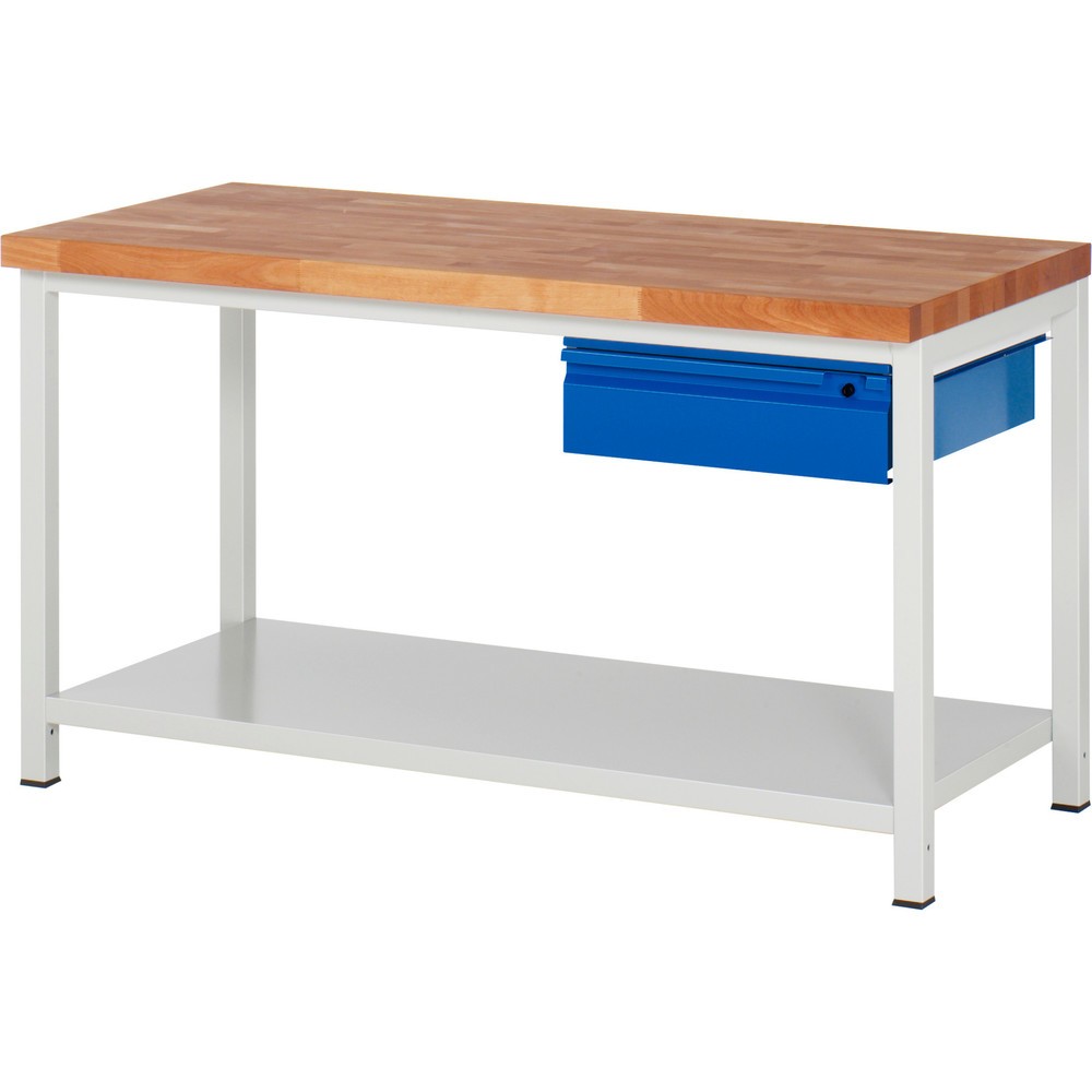 Číslo obrázka výrobku 1: Pracovný stôl RAU série 8000, pracovná doska z bukového masívu, hrúbka 40 mm, v × š × h 840 – 1 040 × 1 500 × 700 mm, 1 zásuvka, 1 odkladacie dno, hĺbka 650 mm