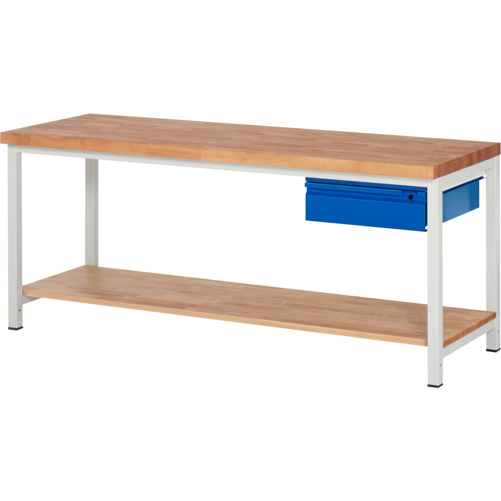 Obrázok výrobku: Pracovný stôl RAU série 8000, pracovná doska z bukového masívu, hrúbka 40 mm, v × š × h 840 × 2 000 × 700 mm, 1 zásuvka, 1 odkladacie dno, hĺbka 557 mm
