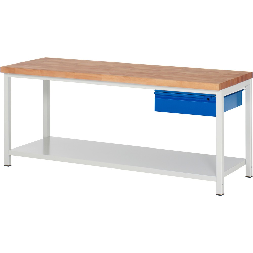 Číslo obrázka výrobku 1: Pracovný stôl RAU série 8000, pracovná doska z bukového masívu, hrúbka 40 mm, v × š × h 840 – 1 040 × 2 000 × 700 mm, 1 zásuvka, 1 odkladacie dno, hĺbka 650 mm