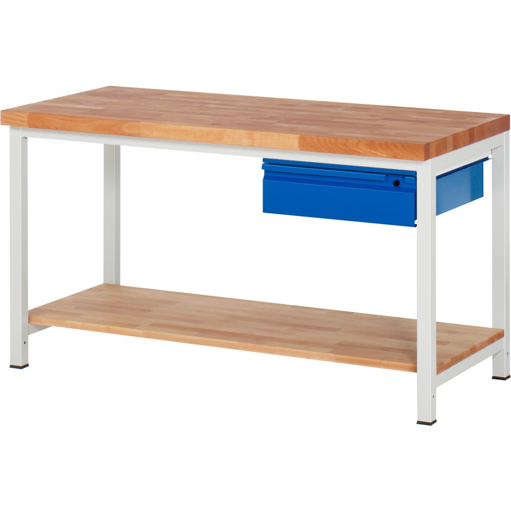 Číslo obrázka výrobku 1: Pracovný stôl RAU série 8000, pracovná doska z bukového masívu, hrúbka 40 mm, v × š × h 840 – 1 040 × 1 500 × 700 mm, 1 zásuvka, 1 odkladacie dno, hĺbka 557 mm
