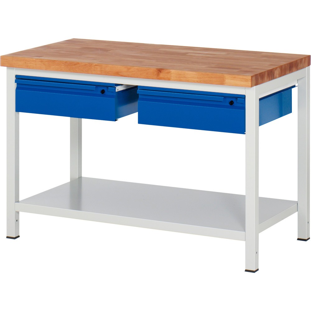 Obrázok výrobku: Pracovný stôl RAU série 8000, pracovná doska z bukového masívu, hrúbka 40 mm, v × š × h 840 × 1 250 × 700 mm, 2 zásuv., 1 odkladacie dno, hĺbka 650 mm