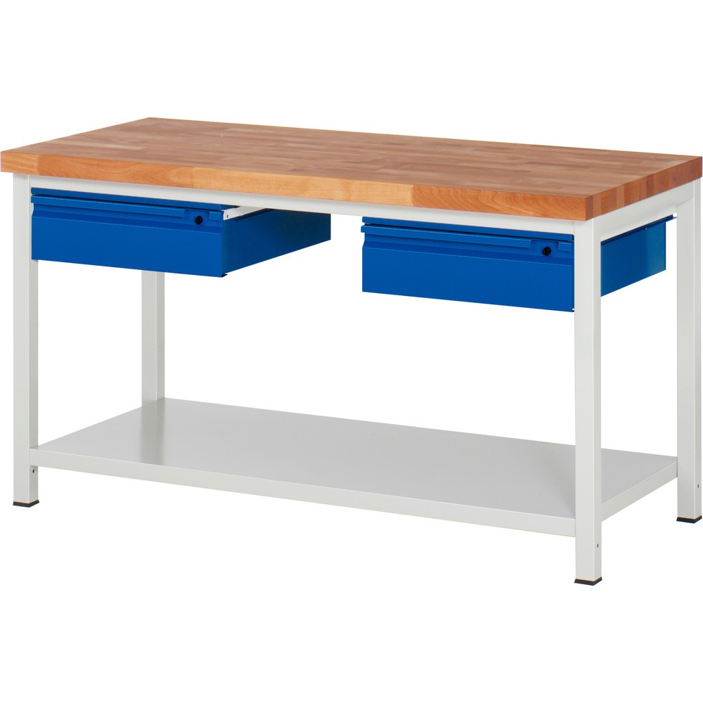 Číslo obrázka výrobku 1: Pracovný stôl RAU série 8000, pracovná doska z bukového masívu, hrúbka 40 mm, v × š × h 840 × 1 500 × 700 mm, 2 zásuv., 1 odkladacie dno, hĺbka 650 mm