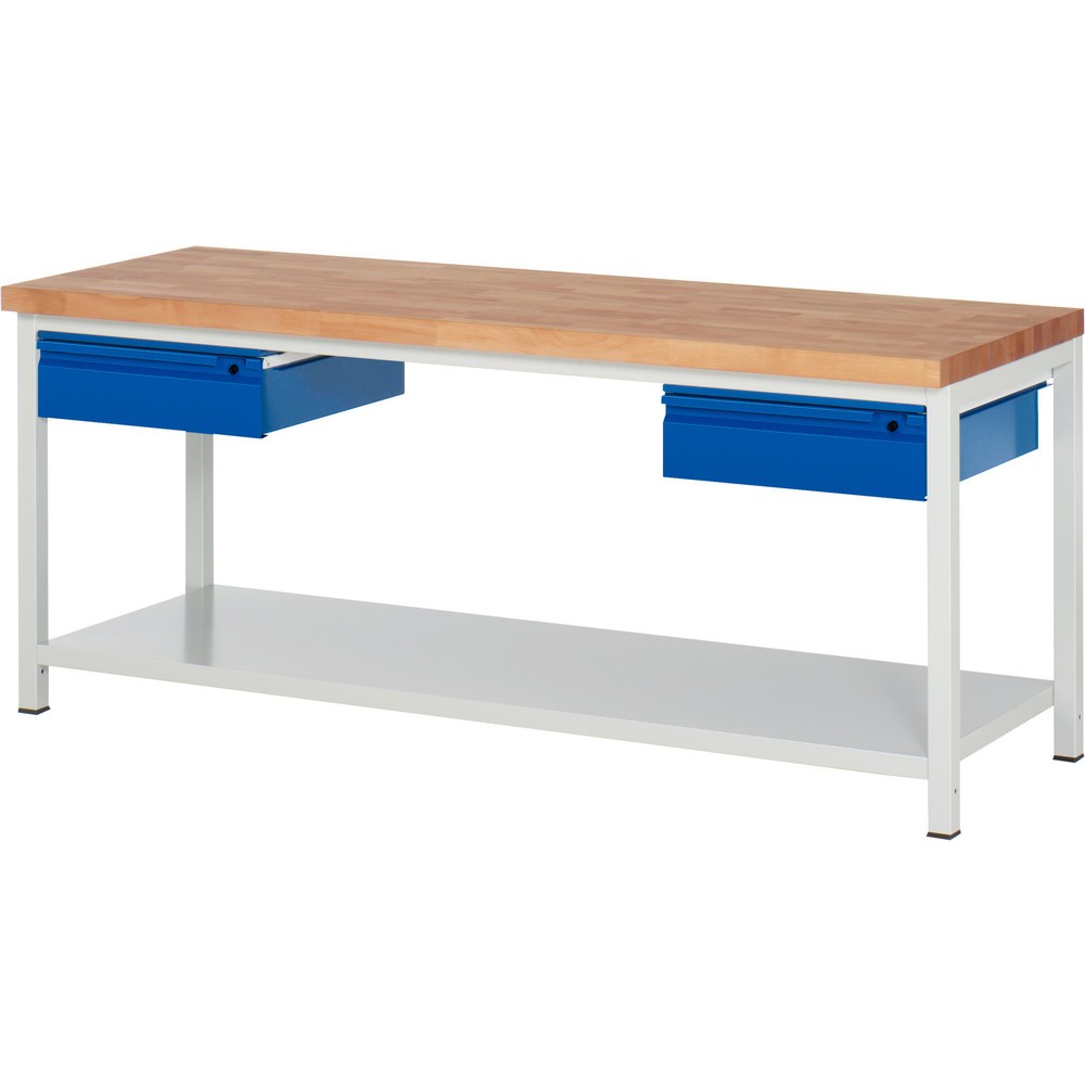 Číslo obrázka výrobku 1: Pracovný stôl RAU série 8000, pracovná doska z bukového masívu, hrúbka 40 mm, v × š × h 840 – 1 040 × 2 000 × 700 mm, 2 zásuv., 1 odkladacie dno, hĺbka 650 mm