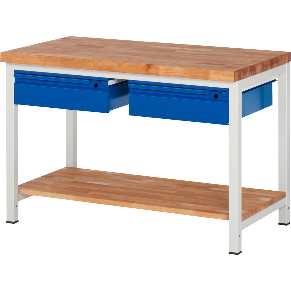Číslo obrázka výrobku 1: Pracovný stôl RAU série 8000, pracovná doska z bukového masívu, hrúbka 40 mm, v × š × h 840 – 1 040 × 1 250 × 700 mm, 2 zásuv., 1 odkladacie dno, hĺbka 557 mm